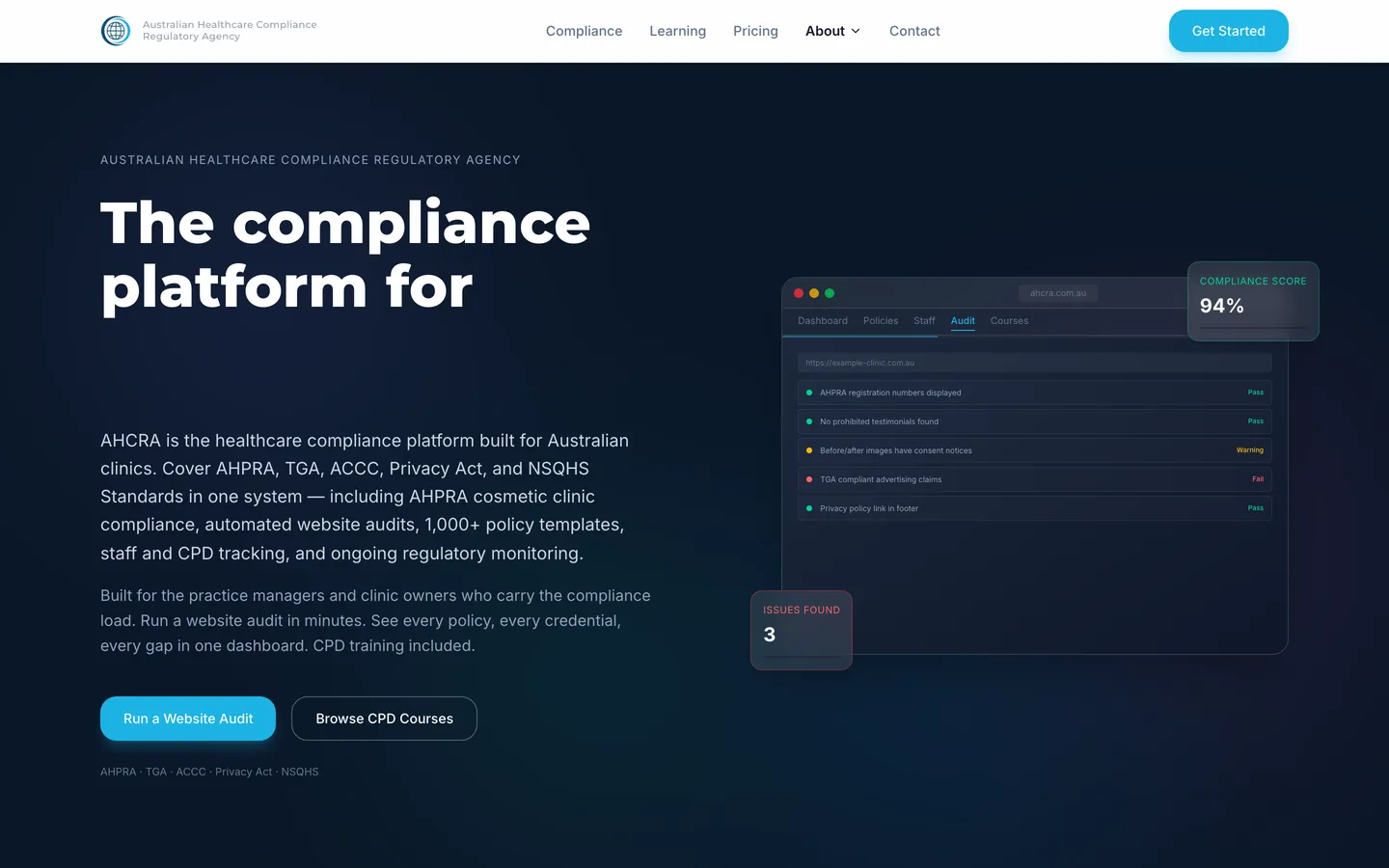 AHCRA website, homepage