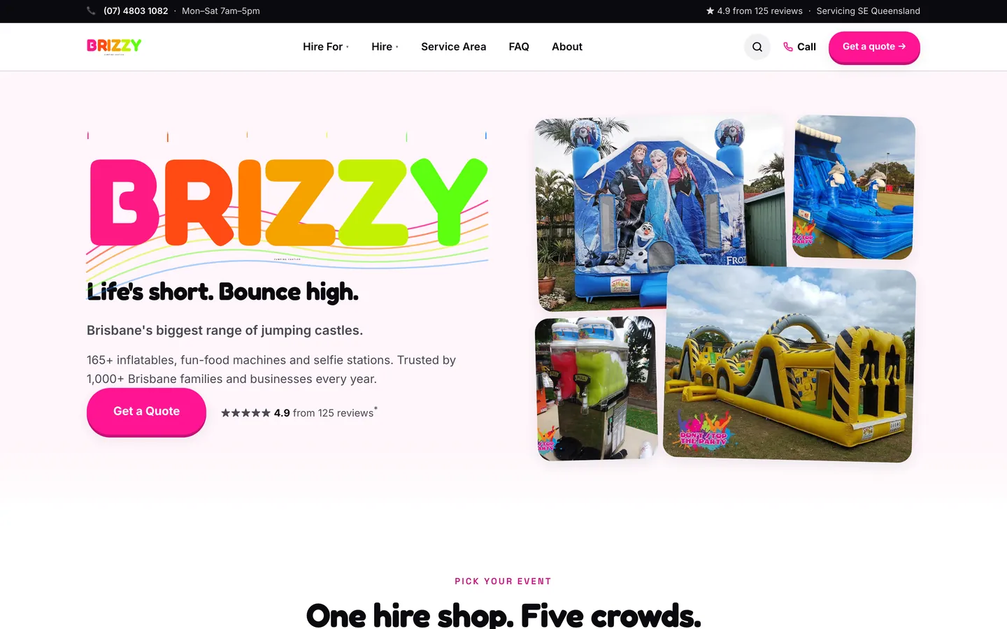 Brisbane Jumping Castles website, homepage